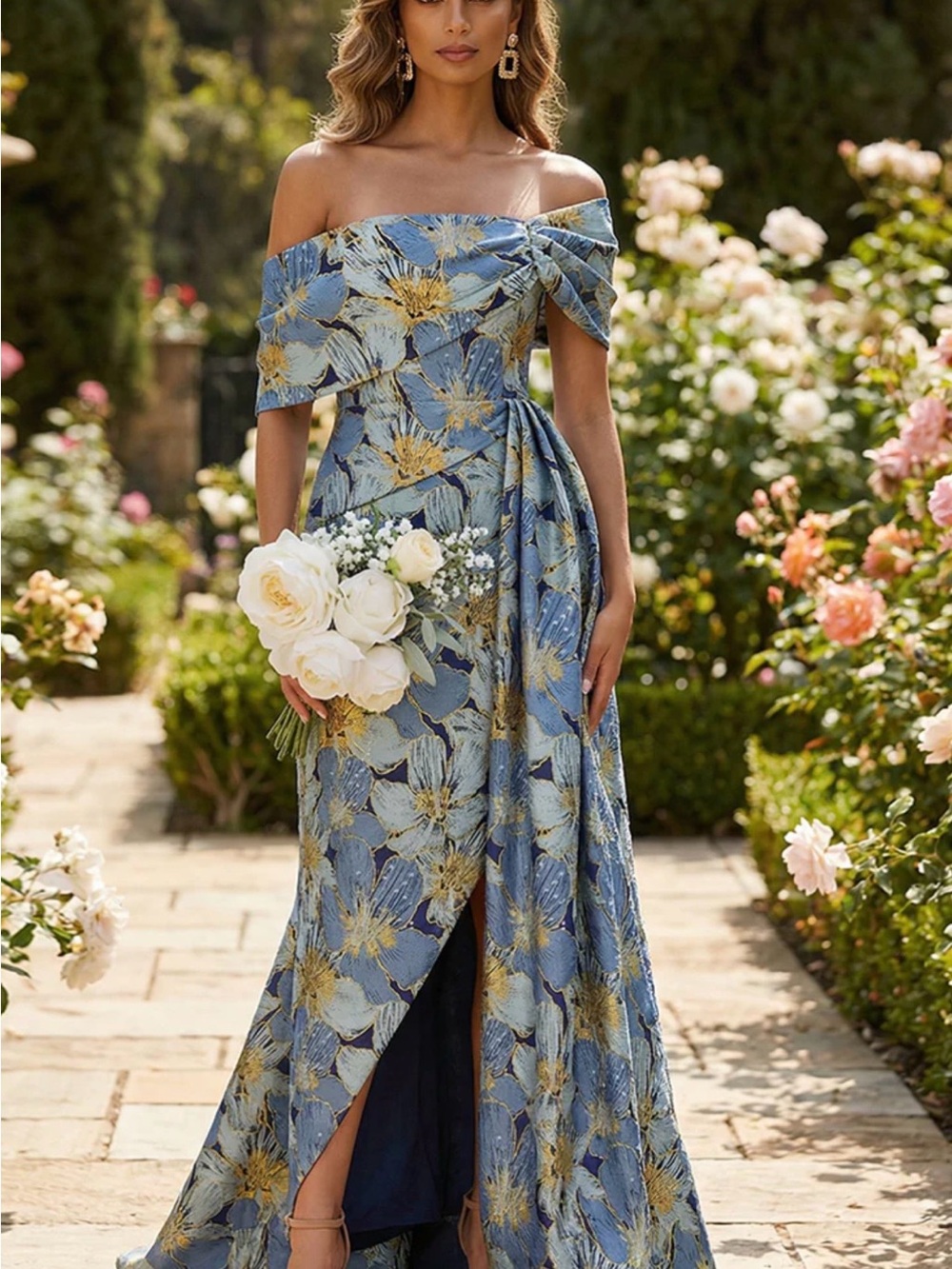 Off-Shoulder Blue Floral Maxi Dress Brocade from Gracins